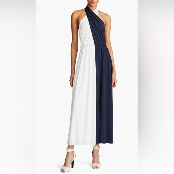 HALSTON Sondra Colorblock Jersey Halter Dress - Picture 13 of 14